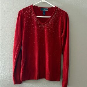 Karen Scott Crimson Red V-Neck Sweater with Sparkle Accents